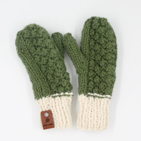 Handmade Hand Knit Chunky Knit Green and Off White Alpaca and Wool Mittens - Picture 2 of 3